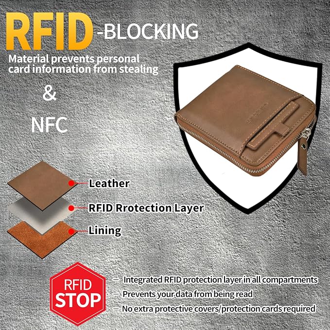 Zipper Wallet for Men Leather Bifold Pocket Wallets RFID Blocking Zip Coin Credit Card Wallets -Big Capacity For Travel