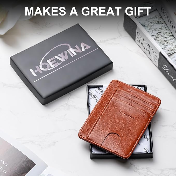 Hoewina Slim Wallet for Men, Credit Card Holder Wallet, Minimalist Design - RFID Blocking Front Pocket Leather Thin Wallet for Men and Women(Brown)
