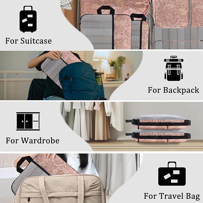 U+U 10 Set Compression Packing Cubes - Ultralight Travel Organizers with Laundry Bag, Space-Saving Suitcase Organizer, Expandable Packing Cubes for Travel and Family Vacation (Paisley Pattern)