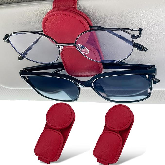 KIWEN 2 Pack Sunglasses Holder for Car Visor, Magnetic Leather Sunglass Eyeglass Hanger Clip for Car Sun Visor Accessories (2, Gray)
