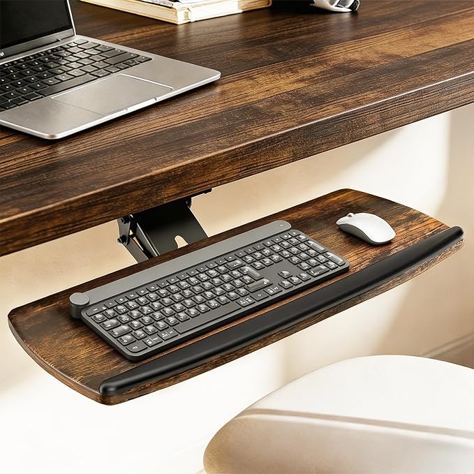 AX WABER Keyboard Tray Under Desk with Storage Drawer, Height Adjustable Keyboard Tray Slide Out 360° Swivel Tilt, Ergonomic Under Desk Mount Keyboard & Mouse Holder for Gaming Home Office, Vintage