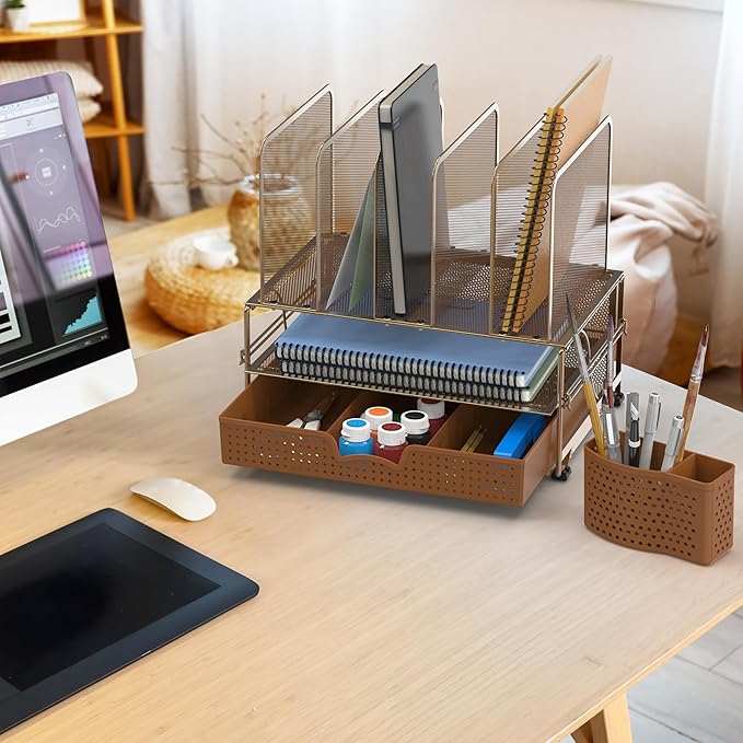 Simple Houseware Mesh Desk Organizer with Sliding Drawer, Double Tray and 5 Upright Sections, Copper