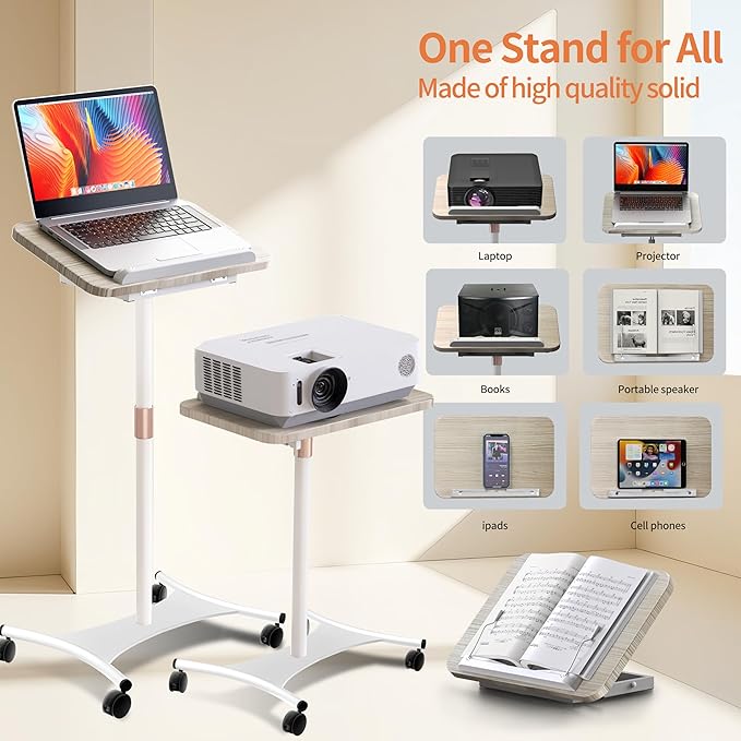 Rolling Laptop Floor Stand, Dual-Purpose for Desk & Floor, Adjustable Height from 16.5" to 51", with 4 Lockable Casters & Book Page Clips, Portable Laptop Stand (White Ash Finishing)