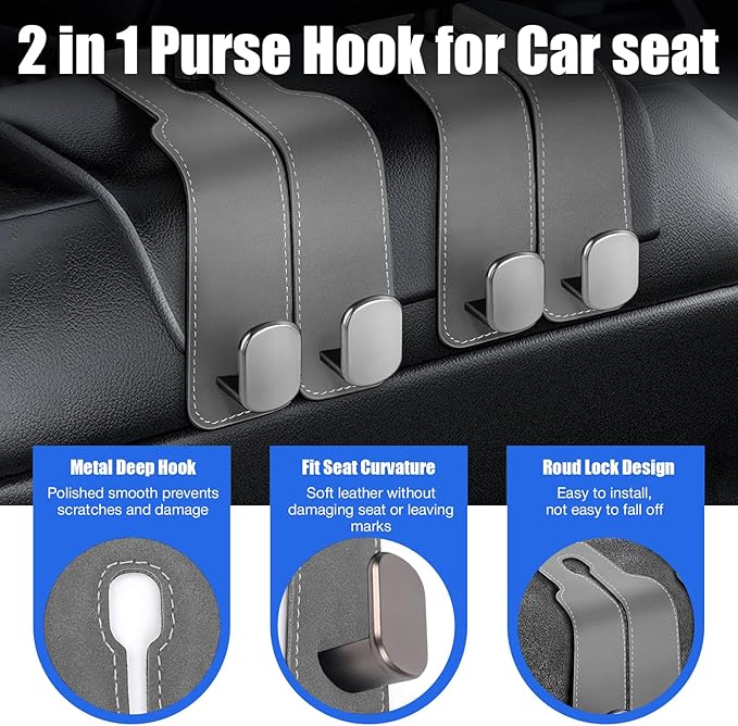 TwinHook Leather Car Headrest Hangers, Car Headrest Hooks for Purse and Bags, 2-in-1 Leather Car Seat Back Storage Hook, Anti-Slip Purse Holder for Car, Supports Up to 50 lbs (Gray-2 Pack)