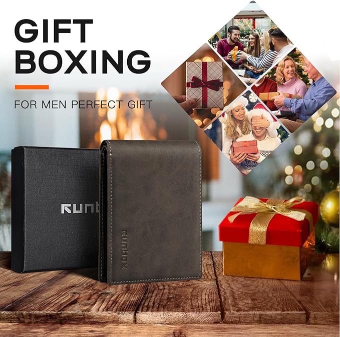 RUNBOX Wallet for Men Slim Leather Bifold RFID Blocking Minimalist Front Pocket Design with Gift Box
