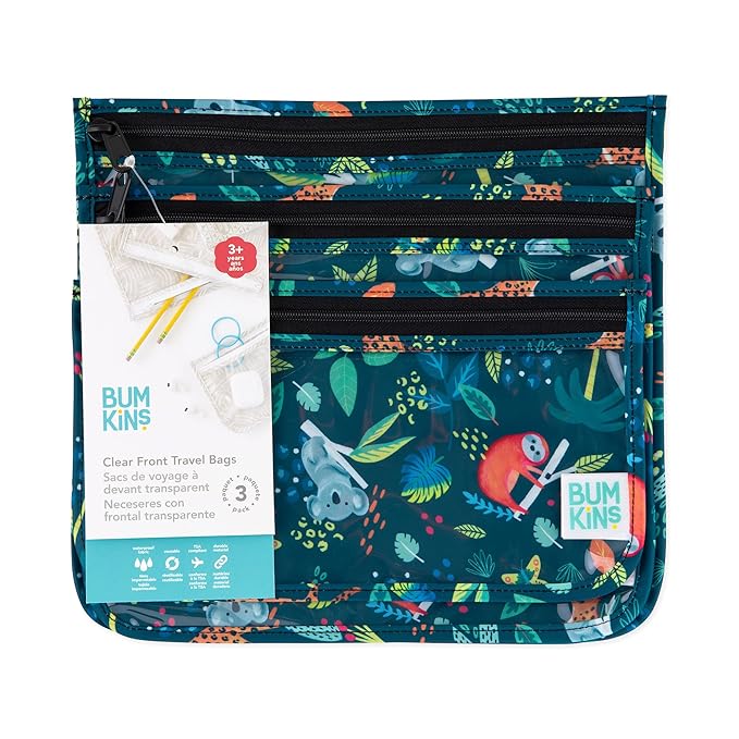 Bumkins Travel Bag, Toiletry, Baby, TSA Approved Pouch, Zip Bag, Quart Size Compliant, Clear-Sided, Diaper Bag Organization, Makeup, Accessories, Set of 3