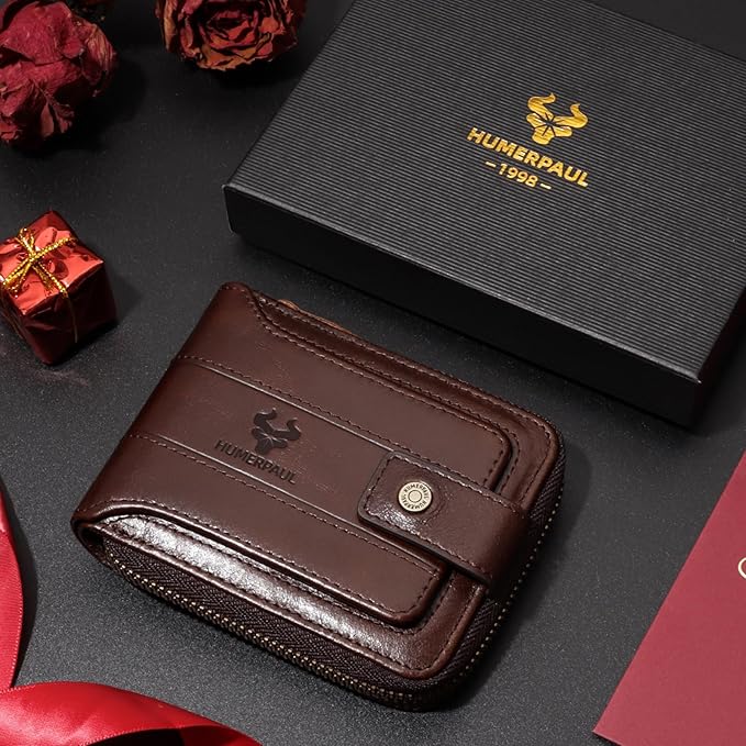 gzcz Mens Wallet with Zipper Genuine Leather Bifold Purse for Men ID Window and Zip Coin Pocket (Coffee)