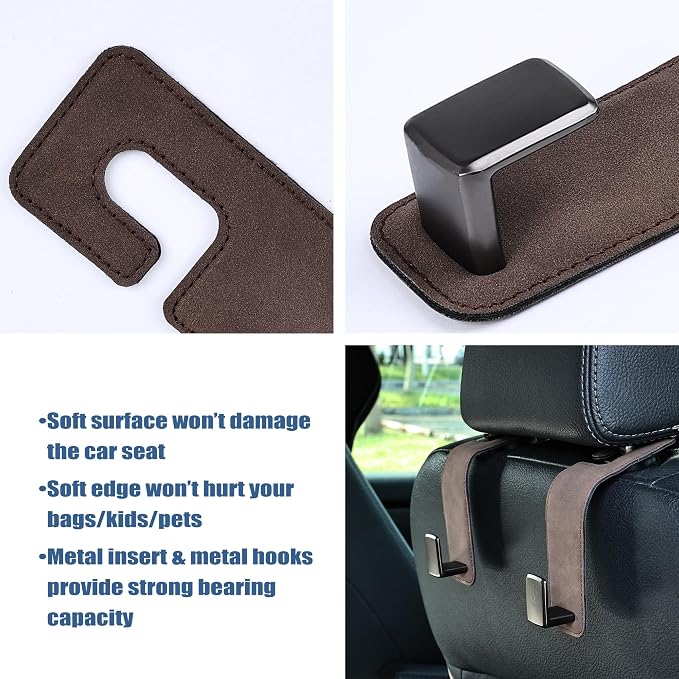 Amooca Car Seat Back Hook Universal Auto Storage Hanger Suede with Metal Car Seat Organizer for Handbag Purse Coat Umbrellas Grocery Bags 2 Pack Brown