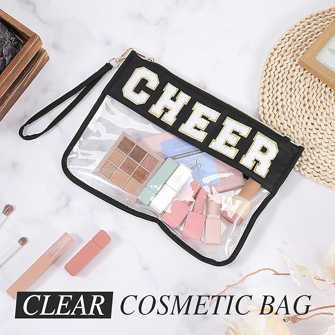 Abbylike 12 Pcs Snack Bags Clear Chenille Letter Cheer Zipper Pouch Waterproof PVC Large Travel Makeup Cosmetic Storage Organizer Bag for Mom Team Cheerleaders Teacher (Black)