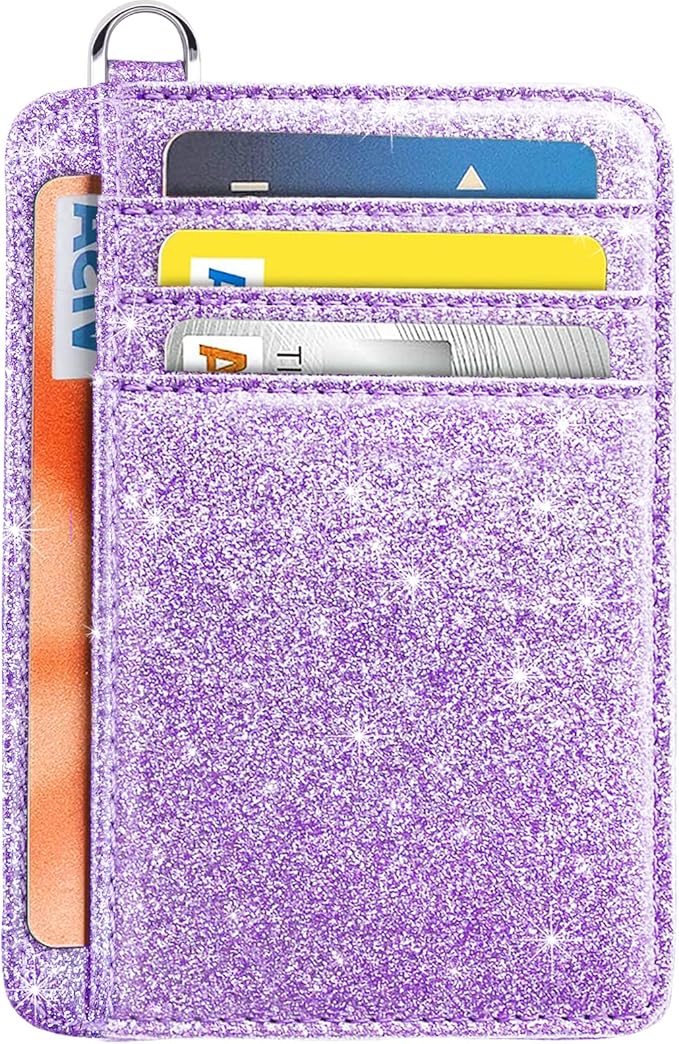 Coco Rossi Slim Front Pocket Wallet RFID ID Card Holder Cute Small Wallet with Keychian for Women,Purple Glitter