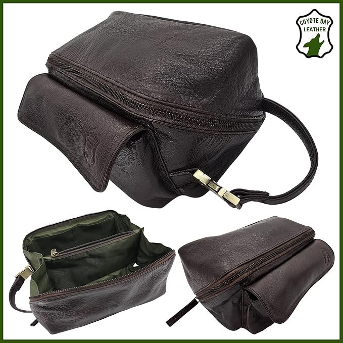 Coyote Bay® Flypouch Premium Full Grain Soft Leather Toiletry Bag, Large 9 Inch, Makeup Bag, Travel Organizer Pouch, Shaving Kit, Cosmetics Toiletry Bathroom Organizer (Brown, Large)