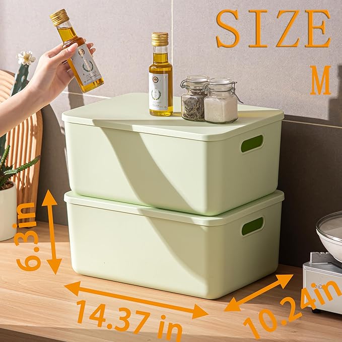 4 pack large plastic White storage bins with Lids, Toy Box Chest with Handle,Organizer Containers Baskets for Baby,Nursery,Shelves,Playroom, Bedroom,Office,Closet,home (Light Green, 4M)