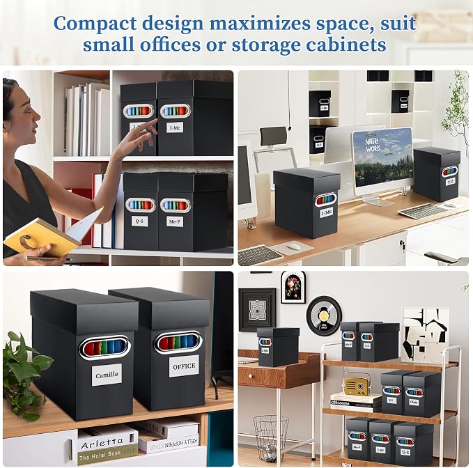 File Organizer Box with Lid & Handle, Thickened Cardboard Hanging File Folder Storage Boxes for Letter Size, Portable Filing Organizer for Office, Home, Classroom, Black 2 Pack
