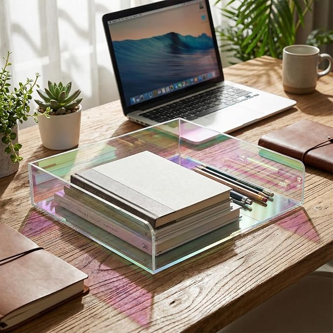 Suzile 3 Pcs Iridescent Acrylic Letter Organizer 12.6 x 9.5 x 2.8 Inches Stackable Iridescent Letter Tray Paper Tray for Desk File Document Folder Notebooks Stationery Office Accessories (Horizontal)