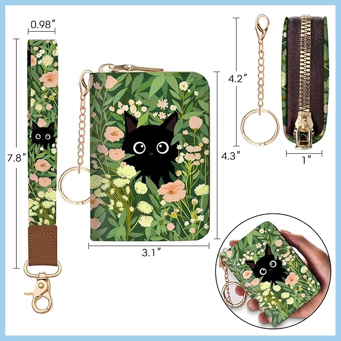 Blusabaca Credit Card Holder for Women, Black Cat Flower Small RFID Blocking Wallet with Wristlet Strap, Keychain Zipper Wallet, Leather Card Case, Card Wallet Purse with Key Lanyard