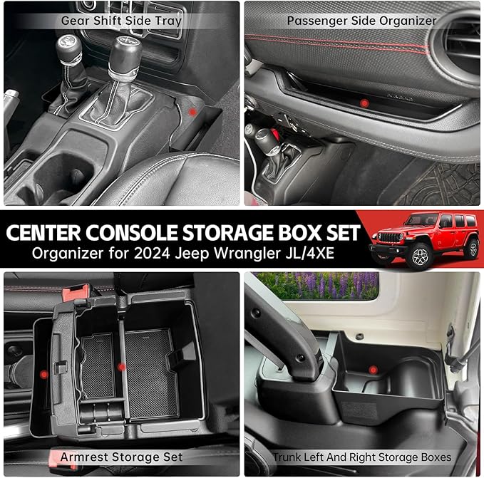 Center Console Organizer for 2024+ Jeep Wrangler JL JLU 4XE Gear Shift Console Side Tray Trunk Organizer Hanging Armrest Storage Box for Wrangler Accessories(24+ 5-piece, Not Gladiator)