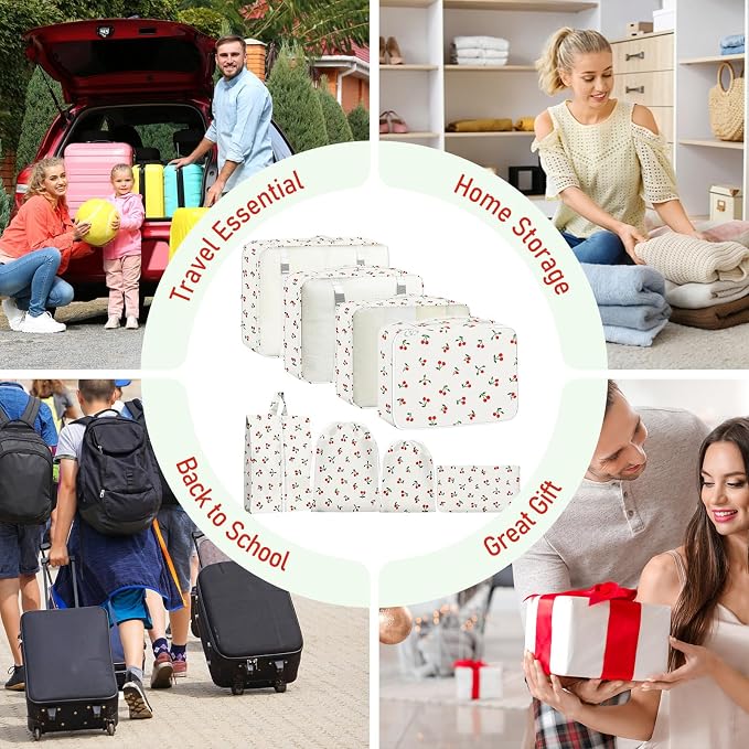 Packing Cubes for Travel - 8 Set Luggage Organizer Bags for Family, Mesh Breathable Packing Cubes for Suitcases Durable Travel Essentials Bags Set (White Cherry)