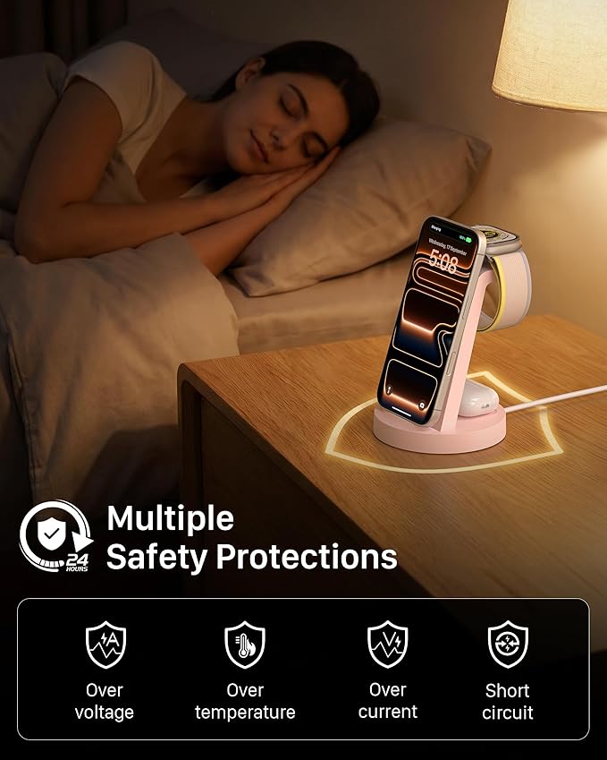 Anlmz 3 in 1 Charging Station for iPhone, Wireless Charger for iPhone 17 16e 16 15 14 13 12 11 X Pro Max & Apple Watch - Charging Stand Dock for AirPods (Pink)