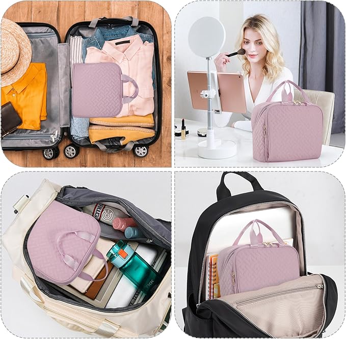 Standing Makeup Bag, Large Capacity with Room for Brushes and Mirror, Travel Makeup Organizer, Portable Stand Up Make Up Case, Waterproof Cosmetic Toiletry Bags with Handle, Color Dusty Purple