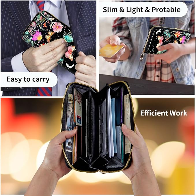 Wallet,Leather Long Wallet Suitable For Ladies And Teenagers - Detachable Wristband + RFID Travel Wallet With Card Slot - Butterfly Moon Flower