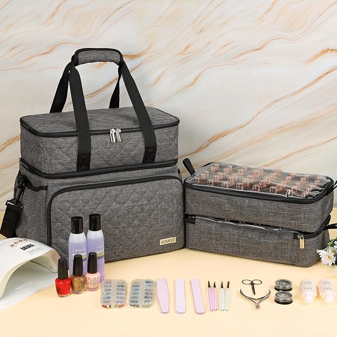 HOMEST Double Layer Nail Polish Organizer Holds 80 Bottles (15ml/0.5 fl. oz) and a Lamp, Case with 2 Removable Pouches for Manicure Tools Storage, Grey(Bag Only)