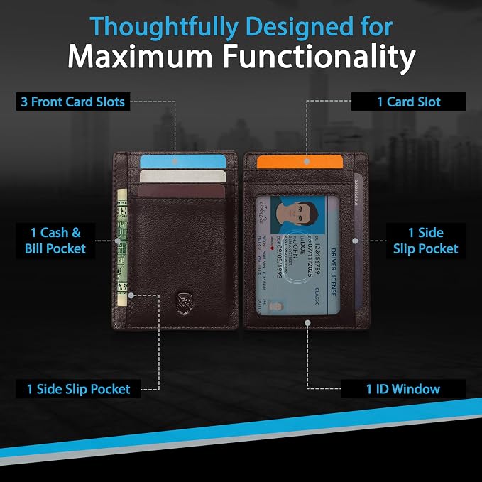 ALLEN & MATE 100% Genuine Leather Slim Minimalist wallet RFID Blocking Card Holder Wallets for Men & Women - Holds 7 Cards, ID & Cash with Gift Box (Brown)