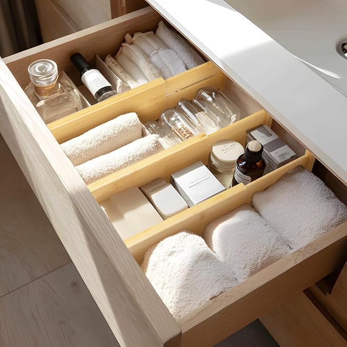 VaeFae 6 Pack Bamboo Drawer Dividers, 4" High Adjustable 16.6" - 21.8" Clothes Drawer Organizers, Expandable Separators for Bedroom/Bathroom/Kitchen/Office Storage