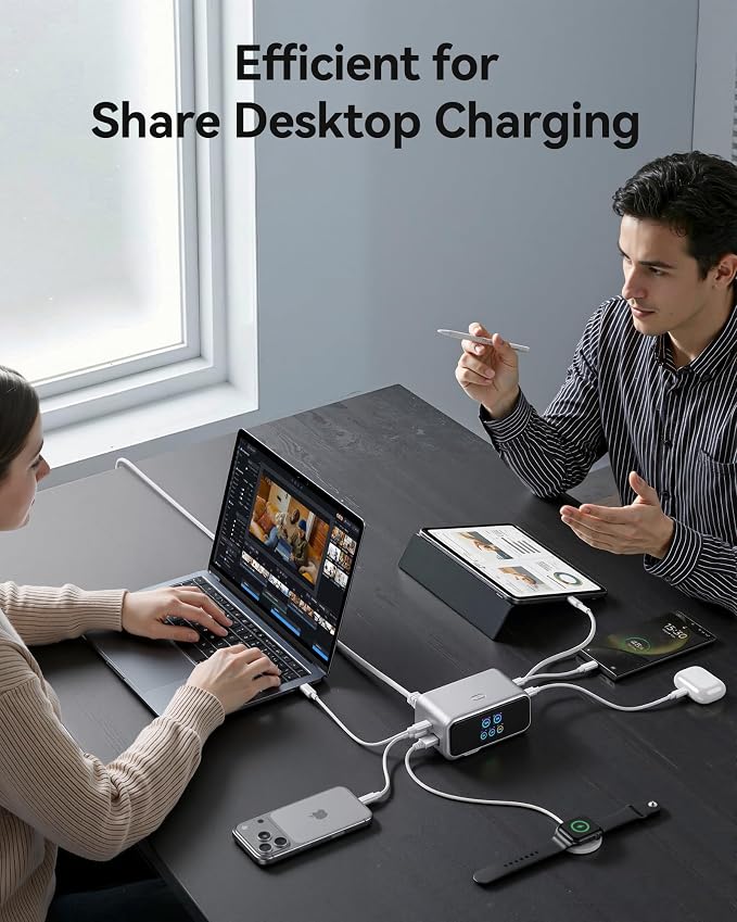 MOKiN Desktop Charging Station, 200W 6-Port Retractable USB C Charging Station for Multiple Devices, Office Desk Accessories GaN Charger for iPhone, iPad, MacBook, Galaxy, Dell and More