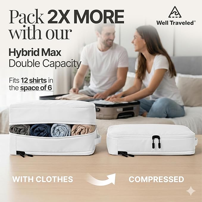 Well Traveled 4 pcs Compression Packing Bags Cubes Set with HybridMax Double-Capacity Design - Packing Cubes for Travel Compression to Maximize Limited Luggage Space, White