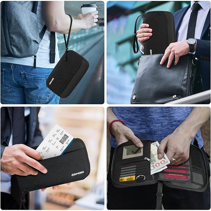 MoKo Family Passport Holder for 5, RFID Blocking Passport Wallet for Men Women, Travel Wallet Holder with Multiple Compartments, Travel Document Organzier for Cards, ID, Tickets, Keys, Black