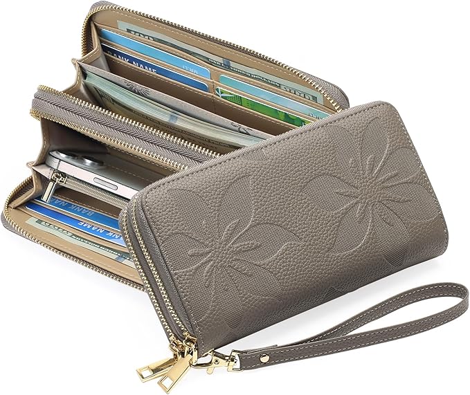 GOIACII Women's Wallet Large Capacity Double Zip Ladies Card Phone Holder RFID Blocking Wristlet Leather