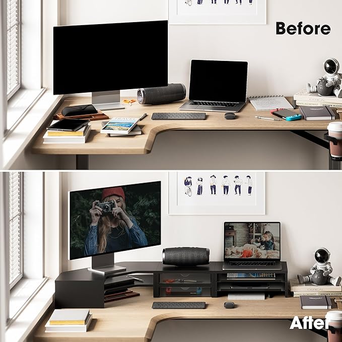Fenge Dual Monitor Stand, Corner Monitor shelf with Drawer and Slide-Out Tray, 2 Tier Triangle Monitor Riser with Storage, Desk Shelf Organizer for Desk, Home Office, Computer, Laptop, Printer