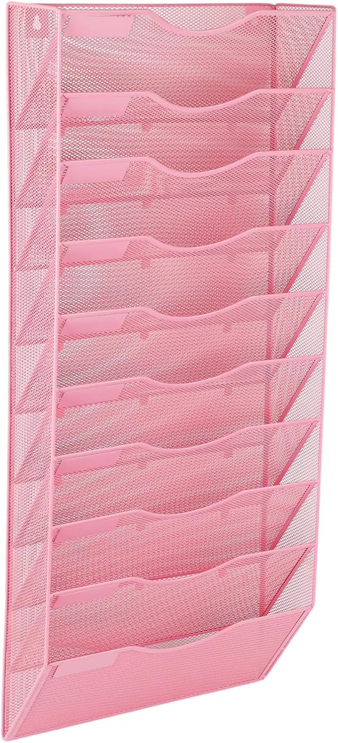 EASEPRES 10 Pocket Mesh Hanging Wall File Organizer, Wall Mounted Mail Paper Document Folder Holder, Clipboard Storage Organization Magazine Rack with Nametag Label for Office Home School, Pink