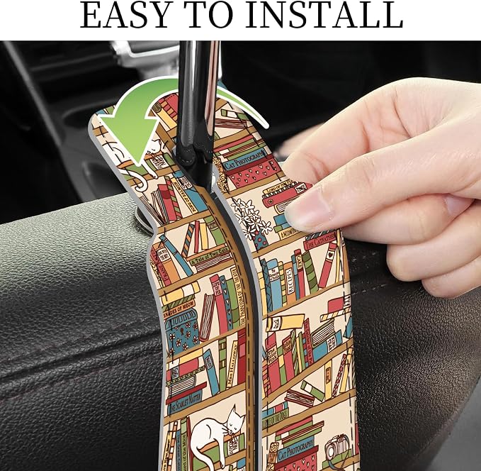 PU Leather Car Seat Hook, Storage Headrest Hanger, Cute Car Backseat Organizer, Car Hooks For Purses and Bags Vintage Bookshelf Pattern