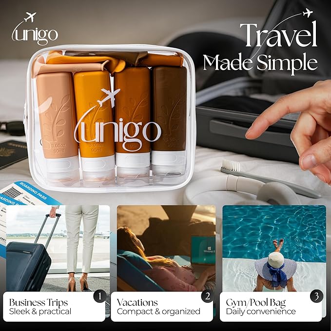 unigo Silicone Travel Bottles Set for Toiletries, Airplane Approved TSA Carry On Size, BPA Free Leakproof Refillable Squeeze Containers with Labels, Cleaning Brush and Covers (Apricot)