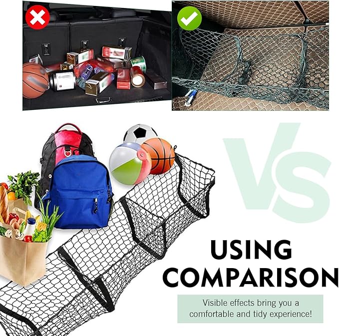 WZP Cargo Net for SUV, Expandable 3 Pocket Heavy-Duty Trunk Net, Truck Cargo Net for Pickup Truck Bed with 4 Metal Hooks, Universal Black Mesh Storage Pocket for Most Vehicles