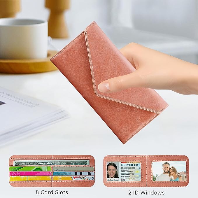 Women's Card Wallet Envelope Style Credit Card Holder, RFID Blocking, Vegan Leather, Coin Pocket, 2 ID Windows, Bean Pink