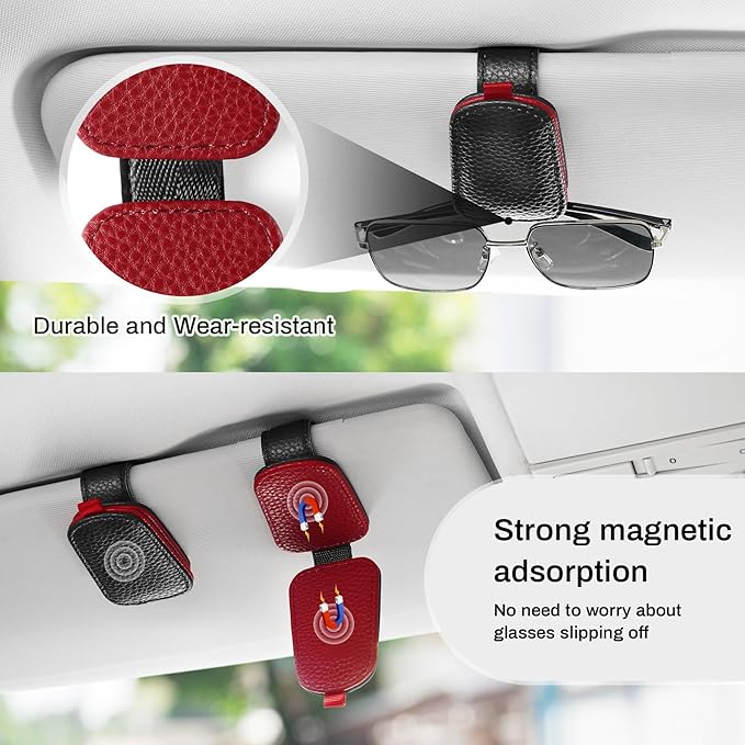 SINGARO Sunglasses Holder for Car, Leather Magnetic Buckle Sun Visor Sunglass Clip, Ticket Card Storage Glasses Clip, Car Interior Accessories for Men and Women(2PCS Black-red)
