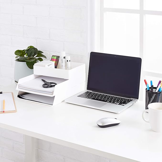 Amazon Basics Rectangular Plastic Desk Organizer with Storage Trays, Accessory Tray, Drawer Organizer, 9.4 x 6.7 x 2 inch, White