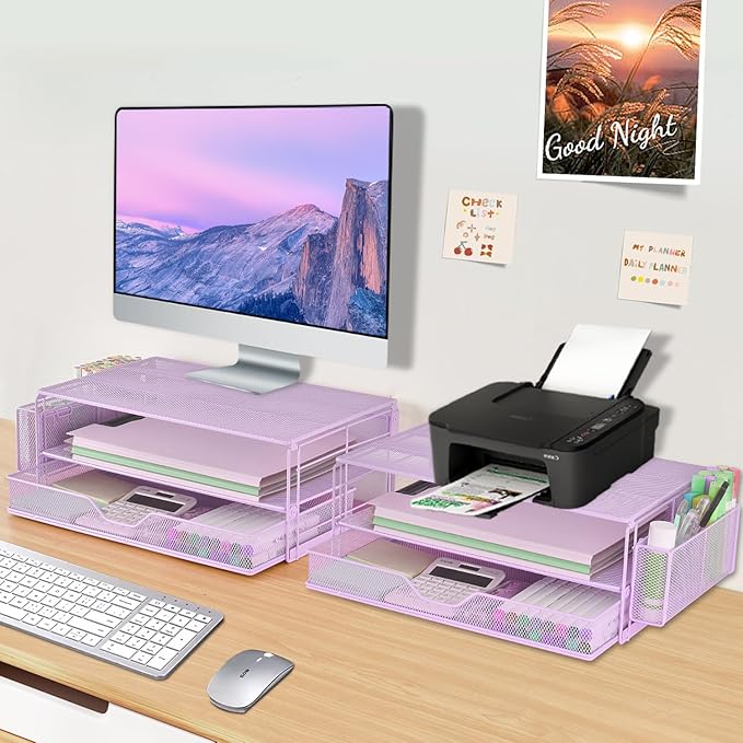 AUPSEN Computer Monitor Stands Riserï¼?-Tier Desk Organizers and Accessories, Office Desk Accessories Organizer with Drawers and 2 Pen Holder for Office Supplies (Purple)