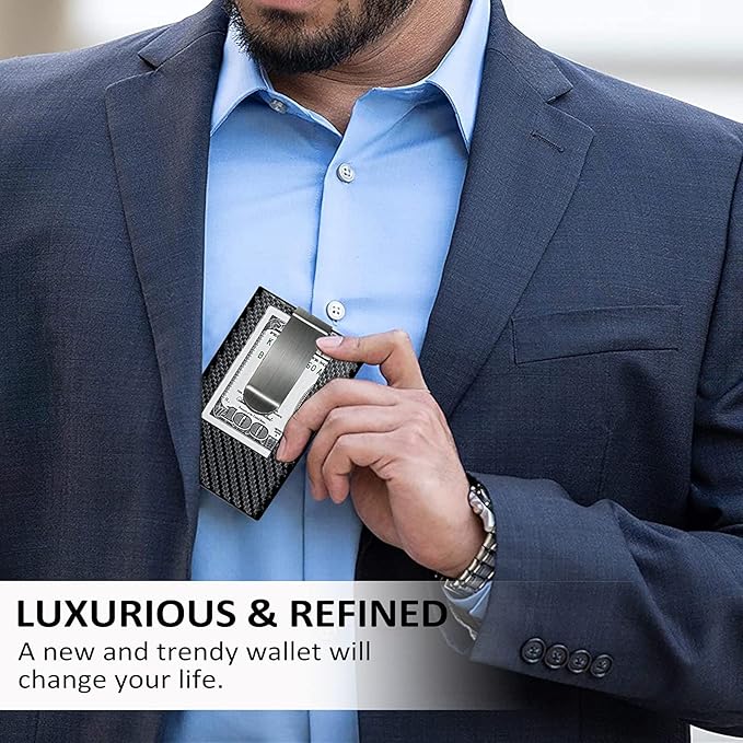 MOSIYEEF Slim RFID Blocking Card Holder Wallet for Men - Minimalist Pop Up Credit Card Holder Wallet with Stainless Steel Money Clip, Carbon Fiber Leather Wallet, Holds 6 Cards - Ideal Gift for Him