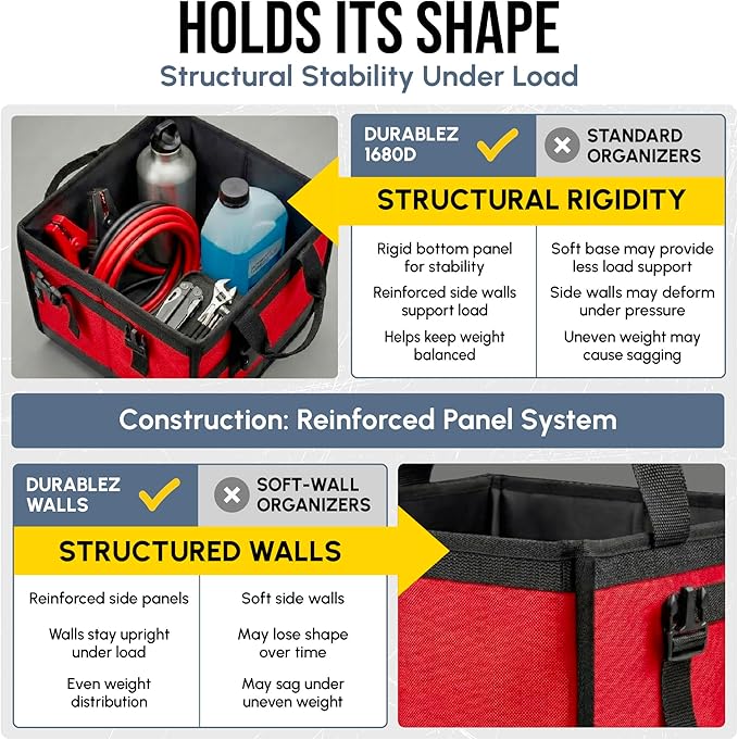 XL Trunk Organizer 3-Section Modular – Extra Large Car Storage for Groceries & Travel Gear, Multi-Compartment Foldable Cargo Bin – Red