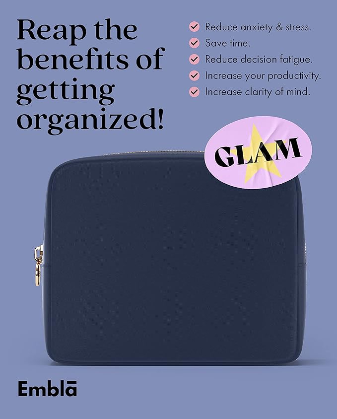 Embla Large Makeup Bag and Waterproof Nylon Travel Toiletry Bag, Large Capacity Cosmetic Zipper Pouch, Navy Blue