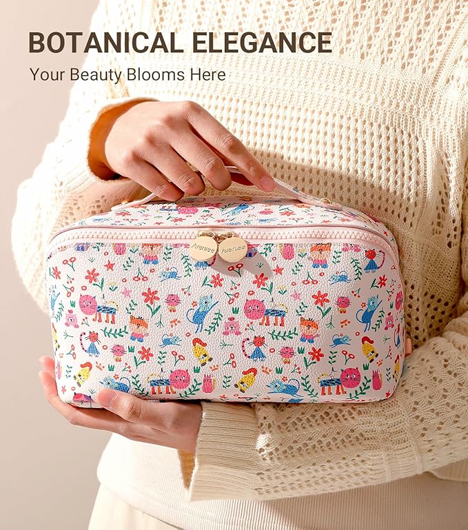 Aveniee Travel Makeup Bag for Women, Large Cosmetic Organizer with Open-Flat Design, Clear Divider & Handle - Waterproof PU Leather Toiletry Case, Cat Pattern