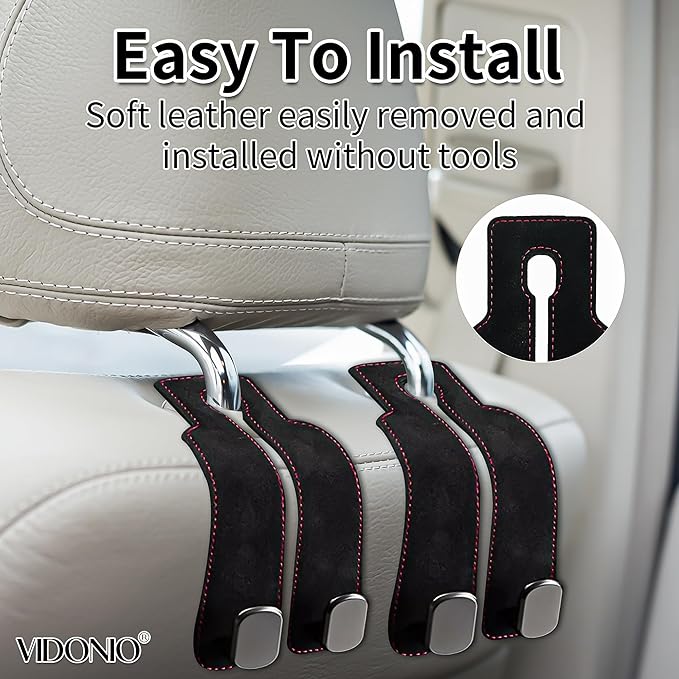 vidonio 2 Pack Double Car Seat Hooks for Headrest, Rotatable Purse Holder for Car, Premium Leather Car Hooks for Purses and Bags, Headrest Hooks and Storage Accessories (Black