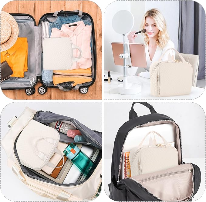 Standing Makeup Bag, Large Capacity with Room for Brushes and Mirror, Travel Makeup Organizer, Portable Stand Up Make Up Case, Waterproof Cosmetic Toiletry Bags with Handle, Color Cream White