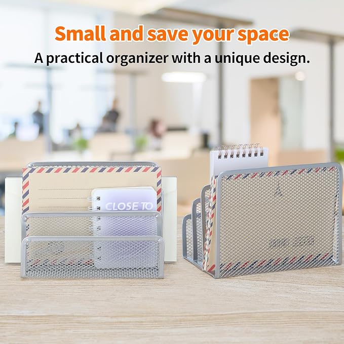 2 Pieces Desk Mail Organizer, Metal Mesh Small File Holders Letter Organizer, Bill/Document/Filing/Folders/Paper Organizer for Desktop (GREY-2PCS)