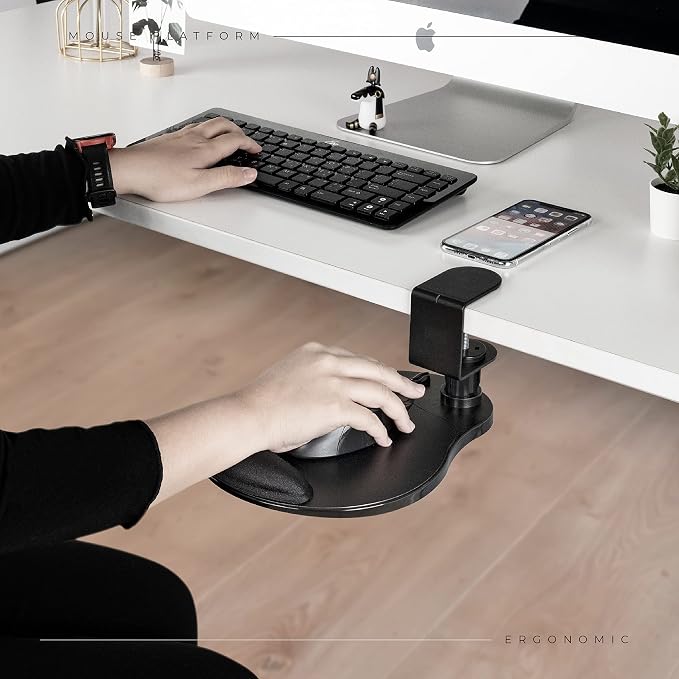EHO Clamp-On Mouse Platform with Gel Wrist Rest, 360° Rotating Under Desk Mouse Tray with Slide-in Storage, Ergonomic Space-Saving Armrest for Left or Right-Hand Use, TAA-Compliant