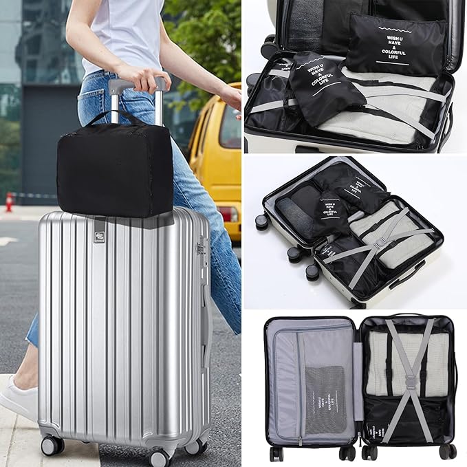 9 Set Packing Cubes for Travel Essentials, Suitcase Organizer Bags for Airplane Road Trip Camp - Black