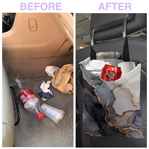 Car Trash Bag Gray Gold Marble Car Trash Bin Leakproof Waterproof Car Trash Can for Back Seat, Foldable Car Garbage Bag with Adjustable Straps and Drawstring for Car Accessories